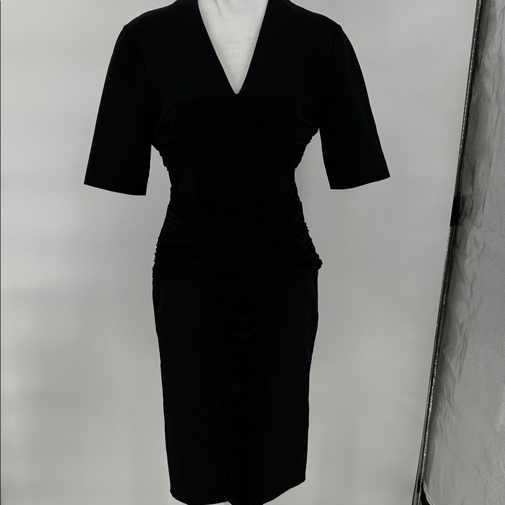 Burberry London Ruched Sheath Dress Black Size 12 Midi V-Neck Designer Bodycon - Picture 3 of 11